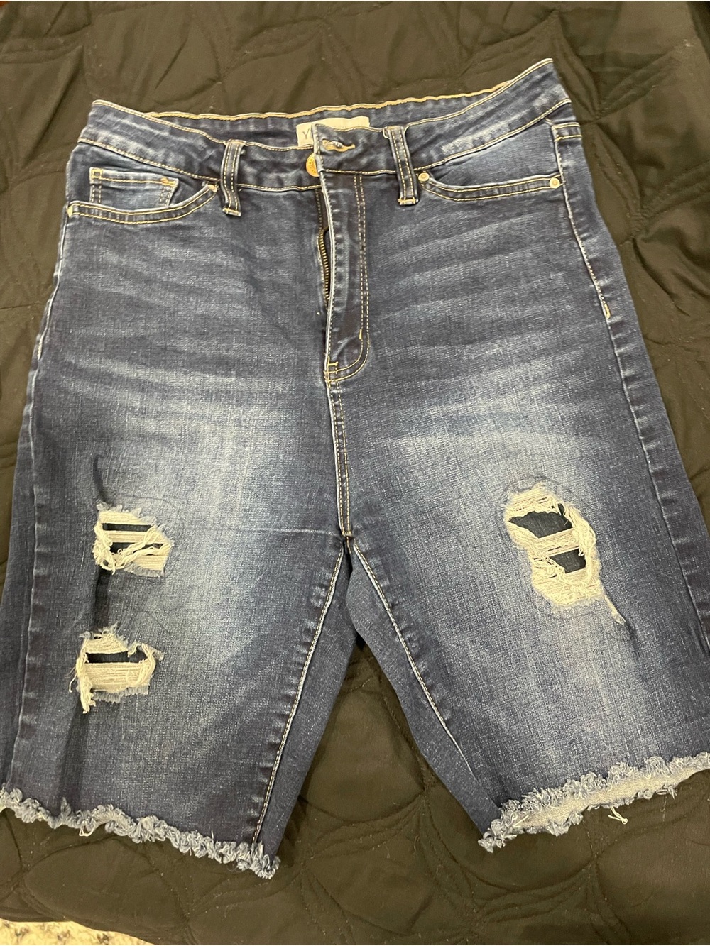 Distressed Dark Wash Denim Bermuda Shorts